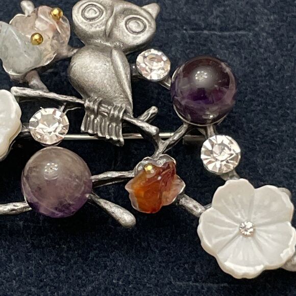 Owl On A Branch Brooch Natural Stone Flower Hijab Pin Costume Jewellery - Picture 4 of 9
